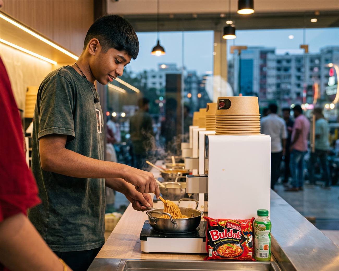 Cooking Buldak ramyeon at a GENZ cook pod