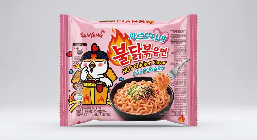 Buldak Carbonara — creamy carbonara fire chicken ramyeon packet